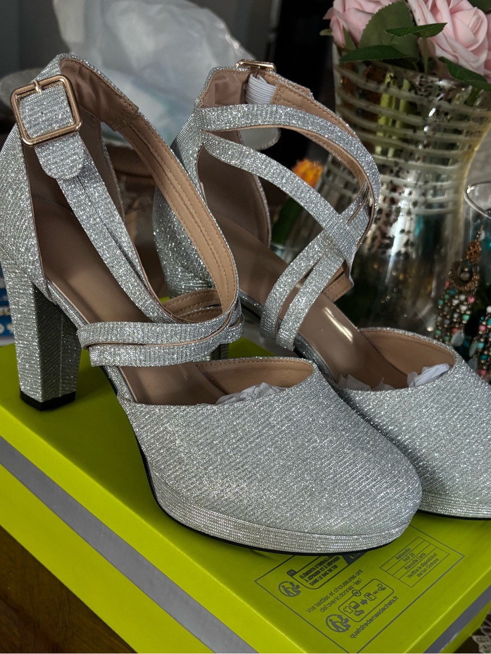 Silver Sparkle Strappy Block Heel Pumps - Women's Size 9